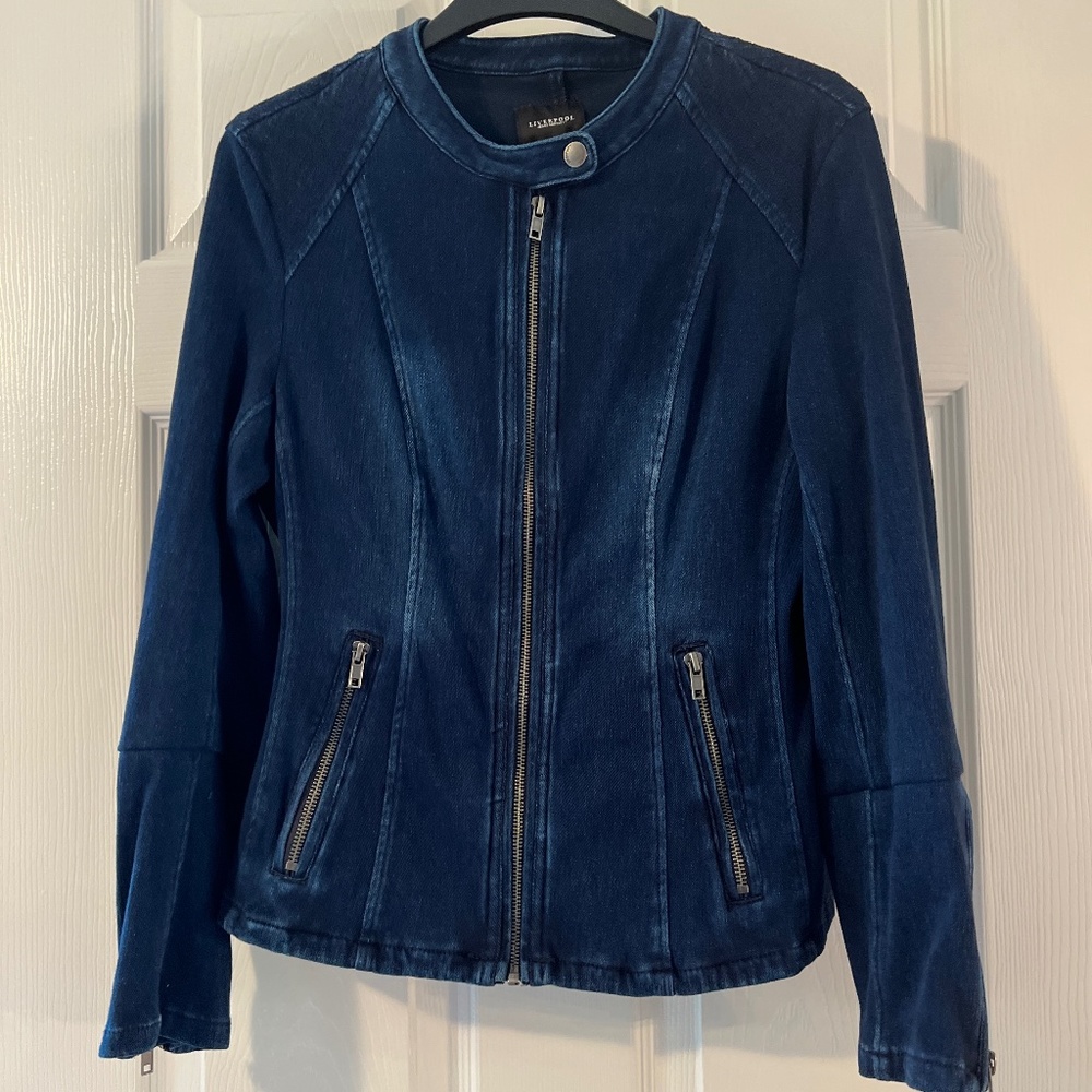 Liverpool, Biker Style  Distressed Jean Jacket, Blue, Size M